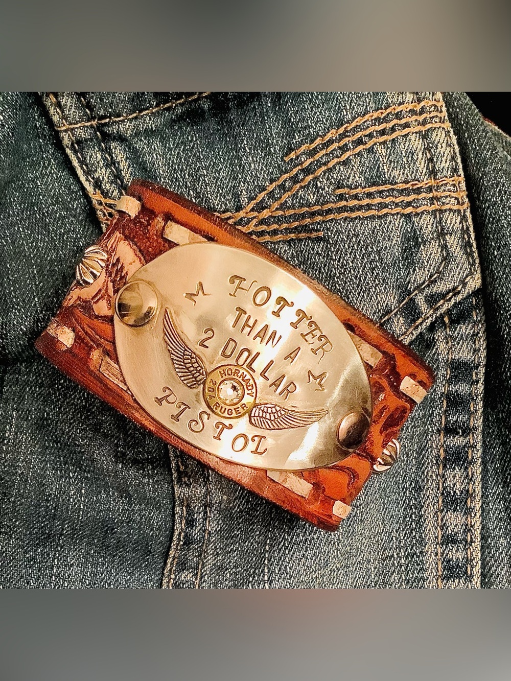 Hotter Than A Two Dollar Pistol leather cuff, up to 6 1/2” wrist